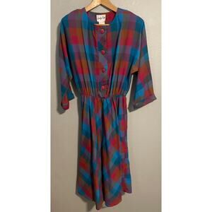Vintage Jennifer Gee Dress Womens 14 Multicolor Plaid Fit Flare Midi Casual 80s